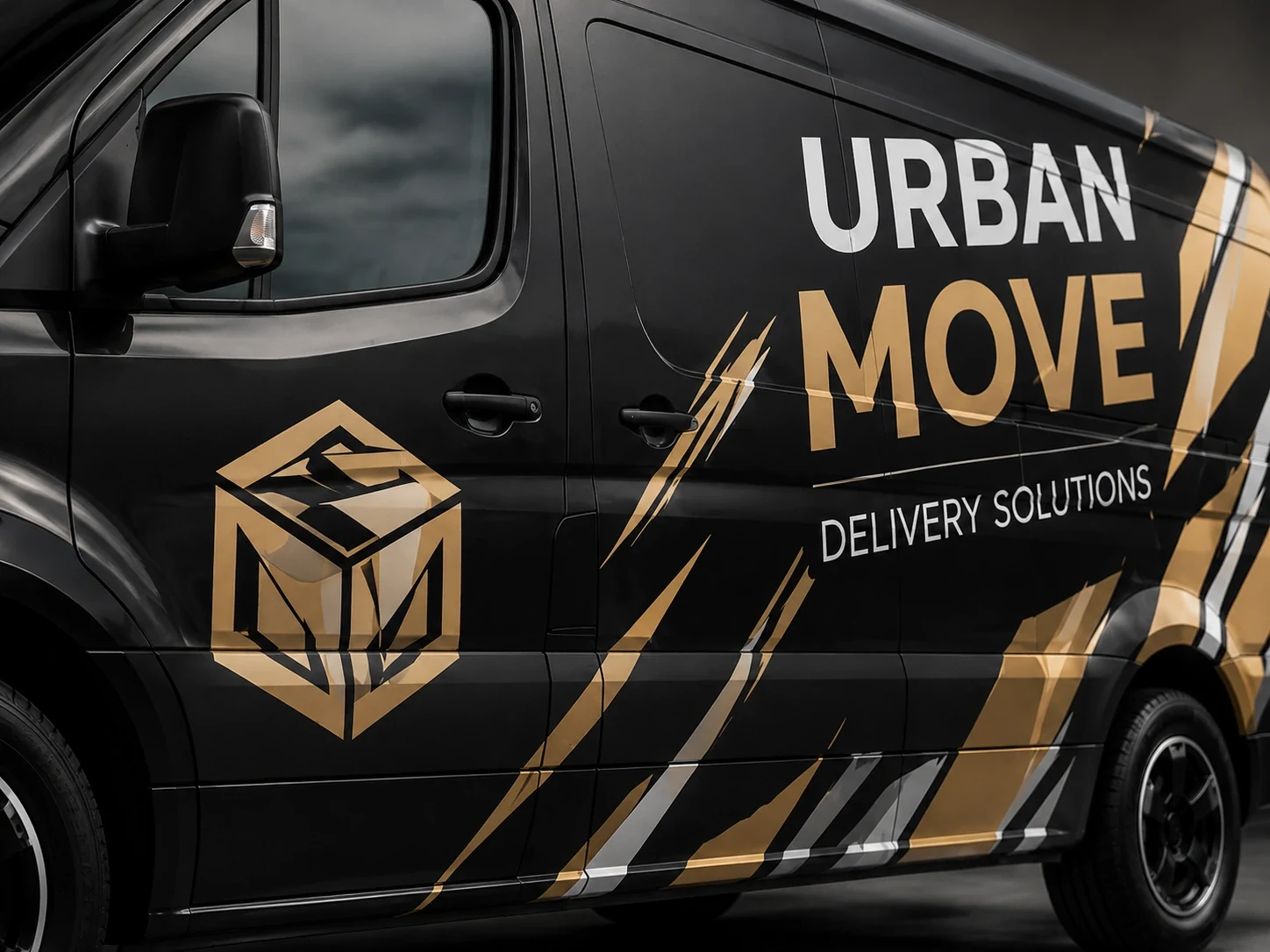 Close-up of Urban Move vinyl graphics on the side of the van