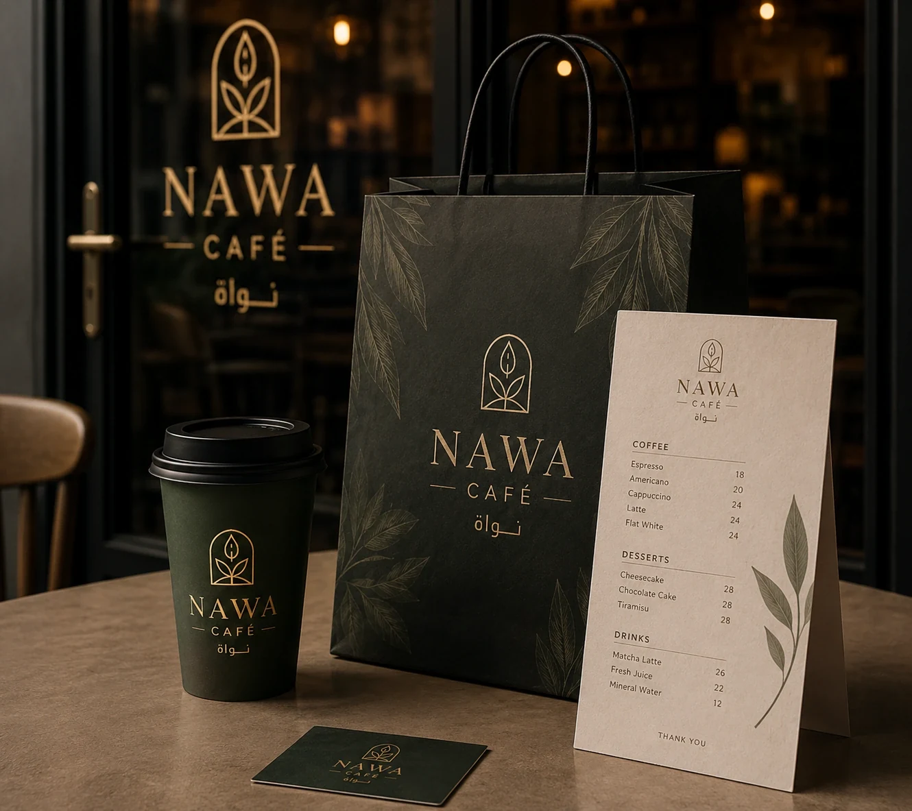 Nawa Café menu, cup and packaging on a table