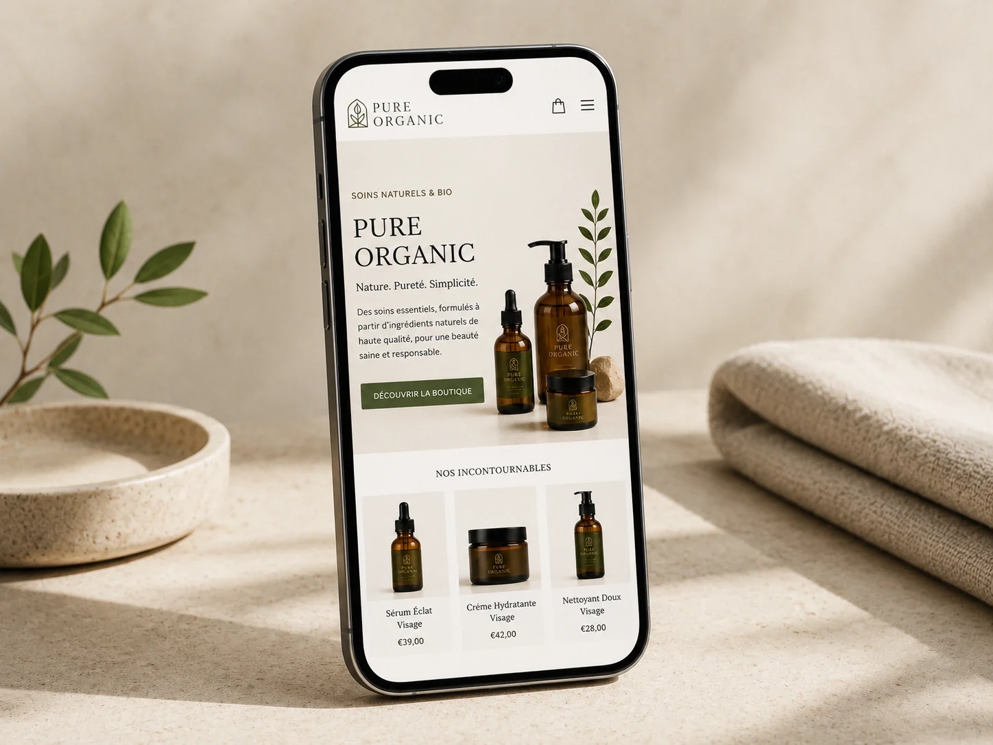 Smartphone showing the Pure Organic mobile website