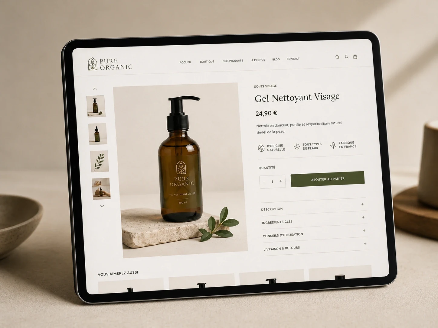 Tablet showing the Pure Organic product page and e-commerce interface